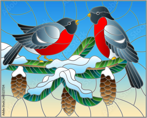 Illustration in stained glass style with a pair of birds bullfinches on snow-covered spruce branches with cones on a background of the sky