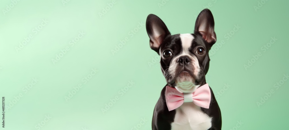 Celebration, happy birthday, Sylvester New Year's eve party, funny animal greeting card - Cute frenchulldog dog pet with pink party hat and bow tie on green wall background texture