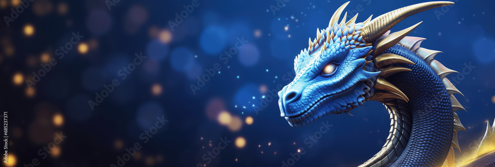 Beautiful magical blue dragon, mythical cosmic creature on a galaxy bokeh background with copy space, legendary magic dragon astrology celestial energy banner represents spirituality and universe, hd - obrazy, fototapety, plakaty 