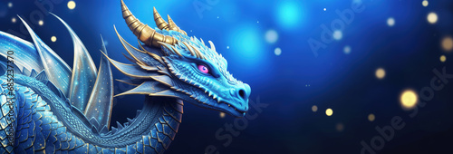 Beautiful magical blue dragon, mythical cosmic creature on a galaxy bokeh background with copy space, legendary magic dragon astrology celestial energy banner represents spirituality and universe, hd photo