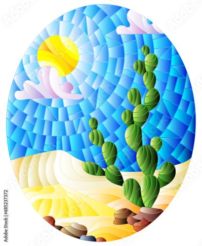 The illustration in stained glass style painting with desert landscape, cactus in a lbackground of dunes, sky and sun, oval image photo