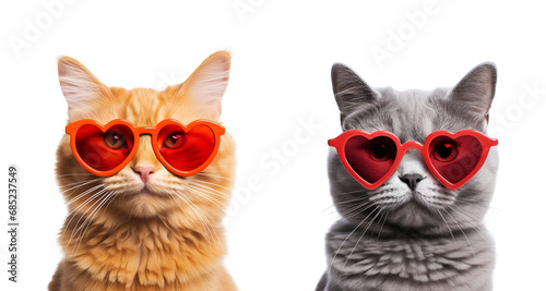 Valentine’s Day Special: Cute Cats with Heart-Shaped Sunglasses in Orange and Grey, Isolated on Transparent Background, PNG