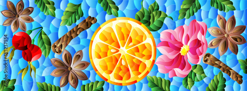 Stained glass illustration with fruits, berries and spices on a blue background