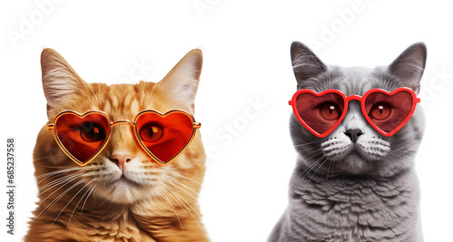 Orange and Grey Cats Donning Heart-Shaped Sunglasses for Valentine’s Day, Isolated on Transparent Background, PNG