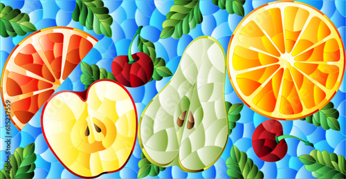 An illustration in the style of a stained glass window with juicy fruits and berries, on a blue background