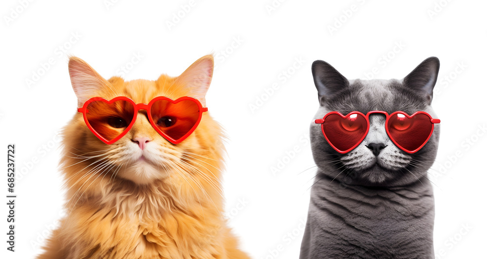 Heart-Shaped Sunglasses on Orange and Grey Cats for a Cute Valentine’s Day, Isolated on Transparent Background, PNG