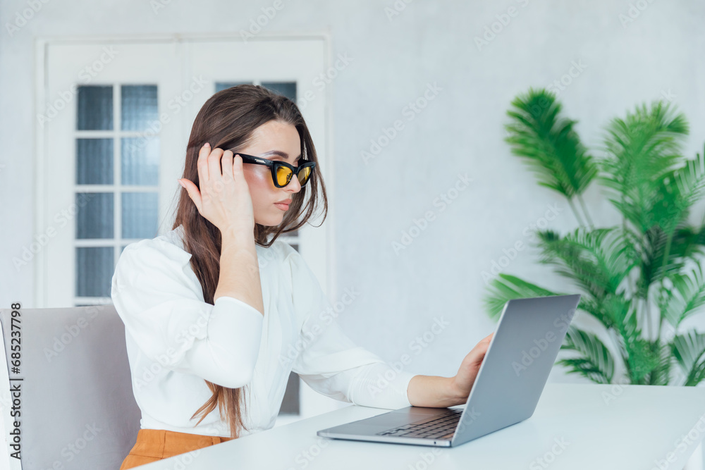 beautiful brunette with laptop communication online remote work beautiful brunette with laptop communication online remote work