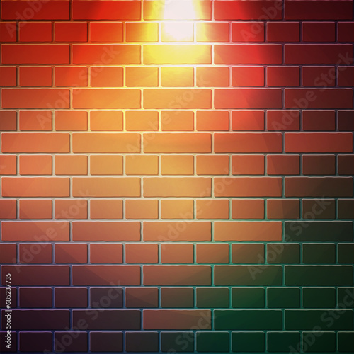 The red brick wall square background  bright lamp light in center