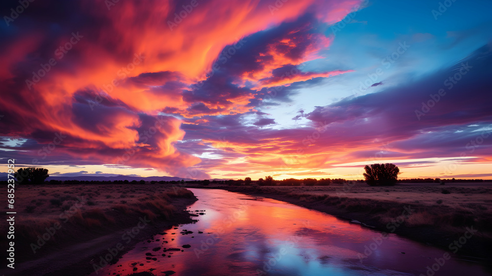 Twilight Skies, Atardecer Colorado, Bright epic sky, Purple Sunset Cloud,Generated with AI.