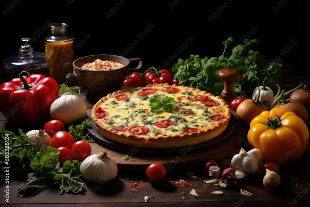 Vegetable quiche surrounded by its ingredients on wooden table