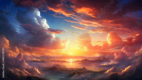 Utterly Spectacular Sunset with colorful clouds lit by the sun. Bright epic sky, Generative AI © About
