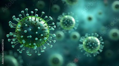 virus cells in a green background, 3d illustration,Generated with AI. photo