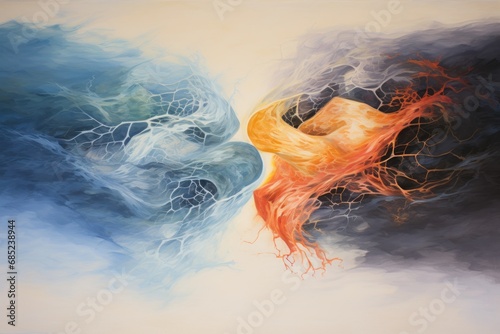 An abstract representation of the four elements - earth, air, fire, and water - colliding and intertwining.