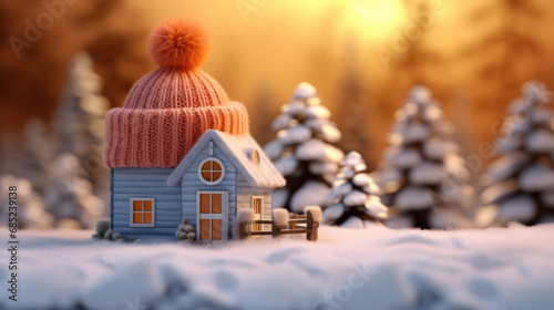 Warm toy knitted colorful house with a winter hat on a winter snowy forest background. Cold winter concept