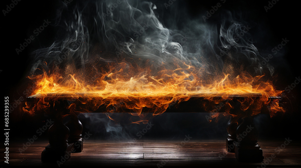 old wood table with flame effect on dark background - rustic vintage decor old wood table with flame effect on dark background - rustic vintage decor