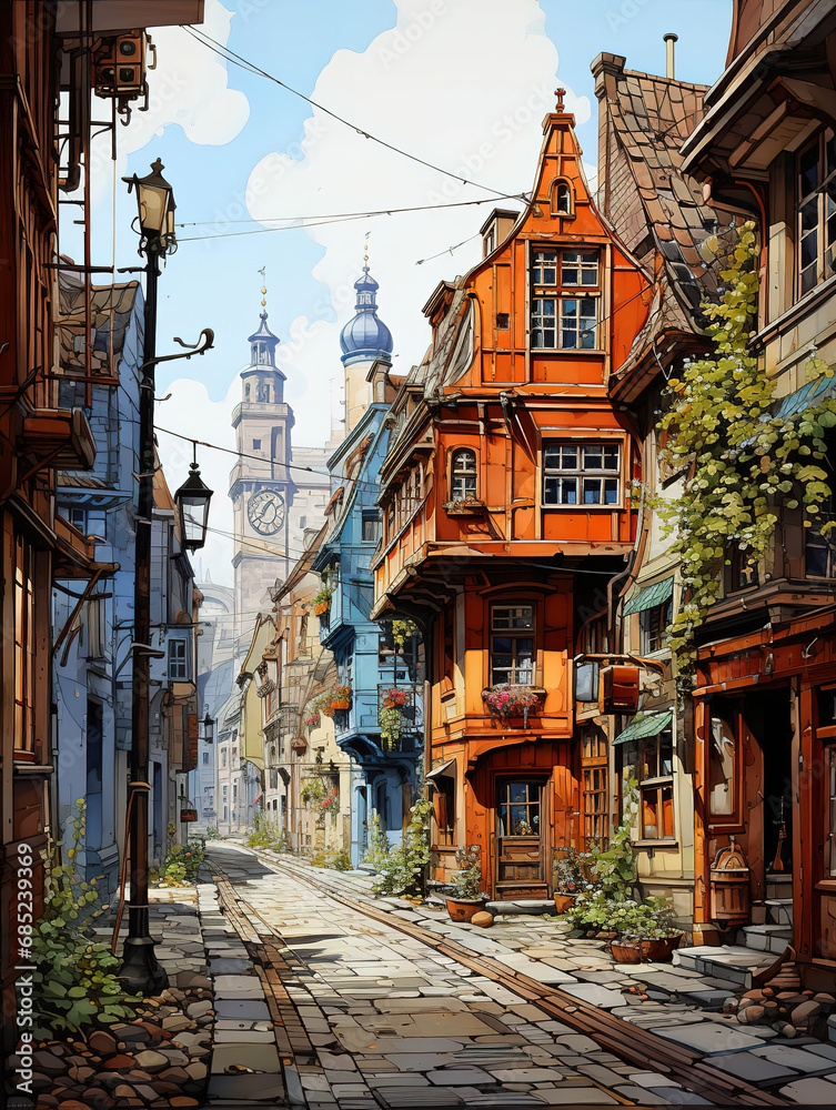 Fototapeta premium Rain-Kissed Cobblestones: A Picturesque Street in a European Town with a Clock Tower