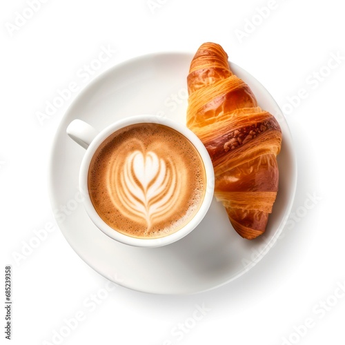 Top view of croissant and cup of cappuccino on white background. photo