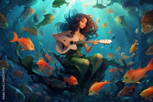 An underwater music festival with mermaids and sea creatures playing aquatic instruments