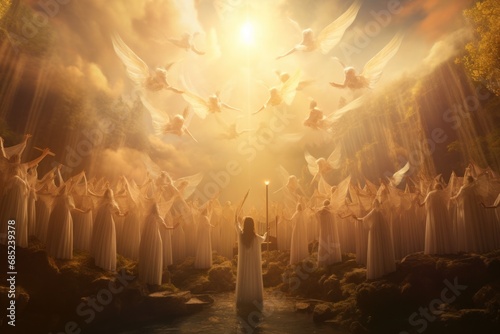 Choir of angels singing celestial hymns in a heavenly setting, with ethereal voices photo