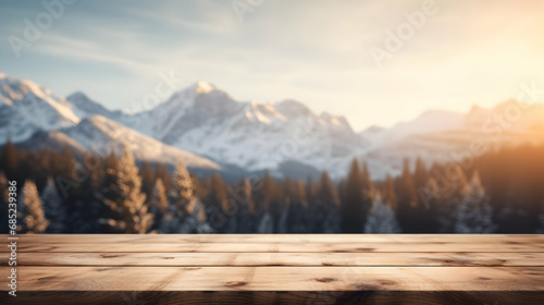Wooden Terrace the blurred and Christmas background. Wood white table top perspective in front of natural in the sky,Generated with AI. © About