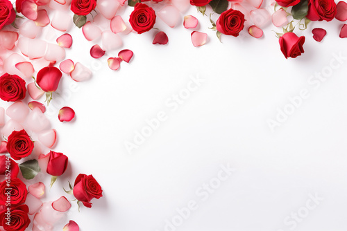 Valentine's Day border design with red roses and romantic motifs surrounding a blank background.