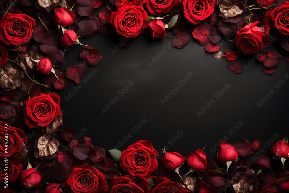 Valentine's border design with red roses and romantic motifs surrounding a black space. Valentine's border design with red roses and romantic motifs surrounding a black space.