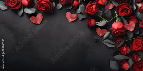 Valentine's border design with red roses, hearts and romantic motifs surrounding a black space. photo