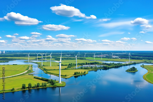 Wind turbines, water treatment and bio energy facility and solar panels. Aerial circular economy concept.