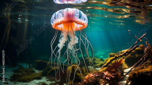 A small jellyfish swims just under the surface of the sea in Raja Ampat,generated with Ai