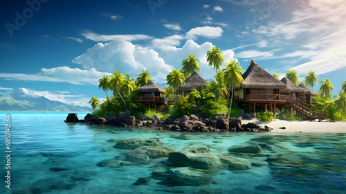 A tropical island with bungalows on the water, Generated With Ai. © About