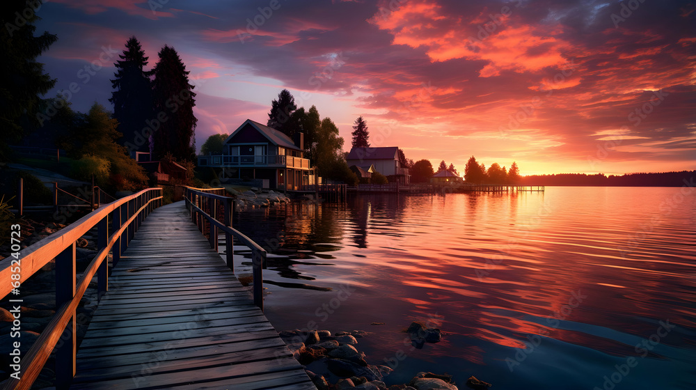 A wooden pier with houses on the water at sunset, Generated With Ai. - obrazy, fototapety, plakaty 