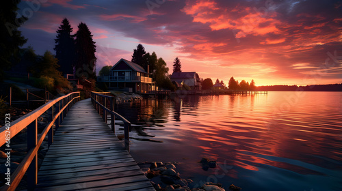 A wooden pier with houses on the water at sunset, Generated With Ai. © About