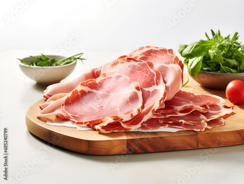 Thinly Sliced Prosciutto on Wooden Board with Fresh Greens, light background. Cured Italian Prosciutto ham Ready to Serve with Herbs and Tomato. Traditional Italian antipasto. Charcuterie board