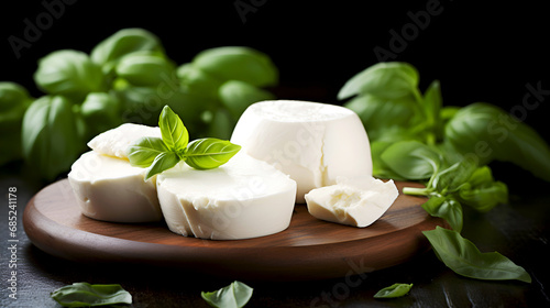 Sliced mozzarella cheese with fresh basil leaves on a wooden cutting board, close-up. Caprese salad ingredients, italian food concept. Cut mozzarella balls and basil leaves