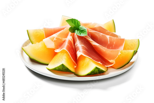 Cantaloupe melon with Cured Ham. Sliced Prosciutto ham with melon cantaloupe on white plate, white background. Italian Antipasto. Concept of Italian food. Cured meat with melon. Mediterranean diiet