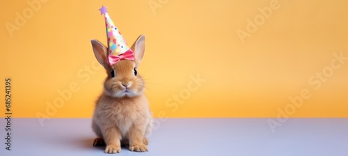 Celebration, happy birthday, easter Sylvester New Year's eve party, funny animal greeting card - Cute little rabbit pet with pink party hat and bow tie on blue wall background texture