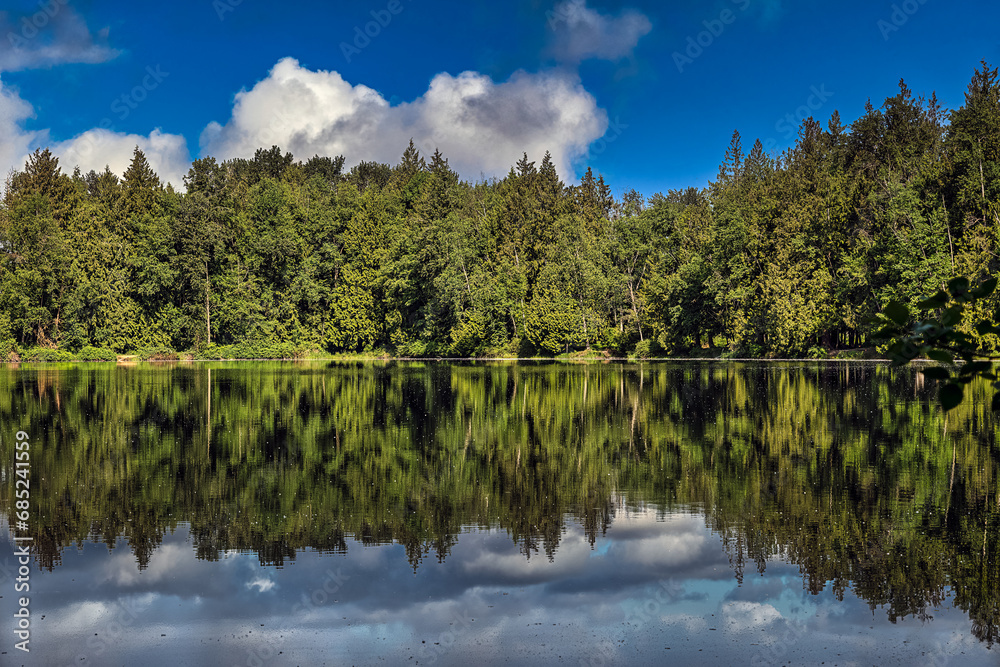 Obraz premium 2023-11-28 A VIEW OF THE TREE LINED TWIN LAKES WITH A NICE SKY AND THE TREES REFLECTION IN THE WATER NEAR MARYSVILLE WASHINGTON