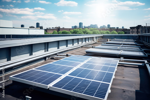 Solar panels installed on a roof of a large industrial building or a warehouse. Industrial buildings in the background. Horizontal photo