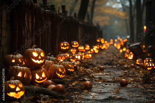 Halloween Pumpkins Illuminating a Path in the Autumn Woods photo
