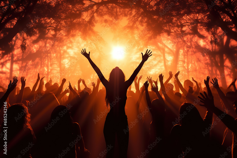 Silhouettes of unrecognizable people holding hands up and having fun during amazing music performance Silhouettes of unrecognizable people holding hands up and having fun during amazing music performance