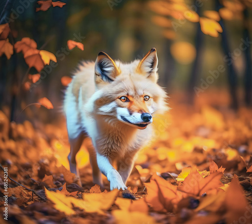 Beautiful cute fox in winter white fur. cute fox runs in the fall through the autumn leaves