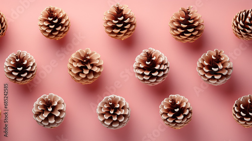 Pine cones on pink background. Natural holiday background with pinecones grouped together. Flat lay, top view. Winter concept