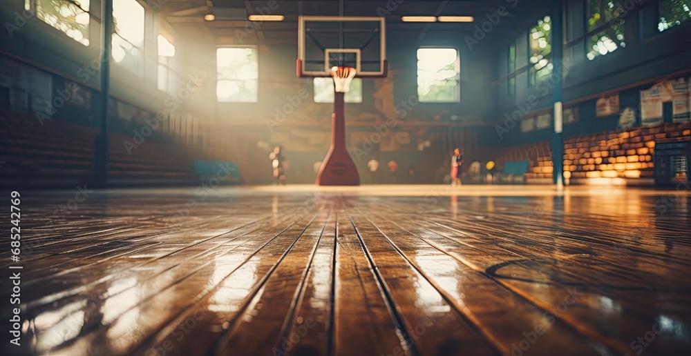 an empty basketball court with a basket behind it - obrazy, fototapety, plakaty 