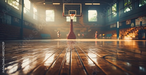 an empty basketball court with a basket behind it