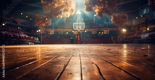 an empty basketball court with a basket behind it photo