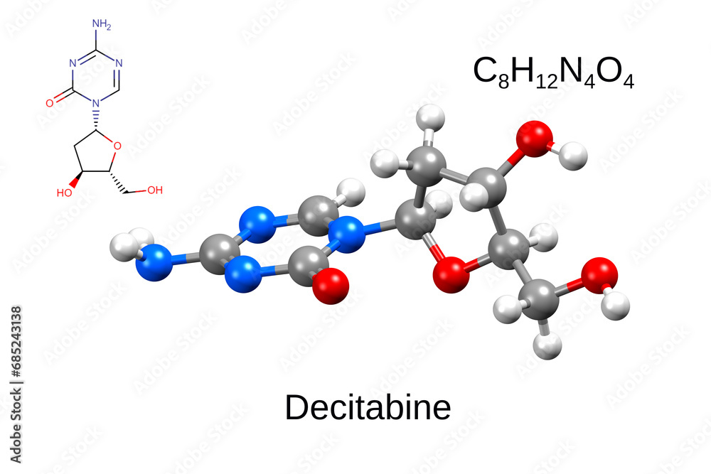 Chemical formula, skeletal formula, and 3D ball-and-stick model of hypomethylation agent decitabine Chemical formula, skeletal formula, and 3D ball-and-stick model of hypomethylation agent decitabine
