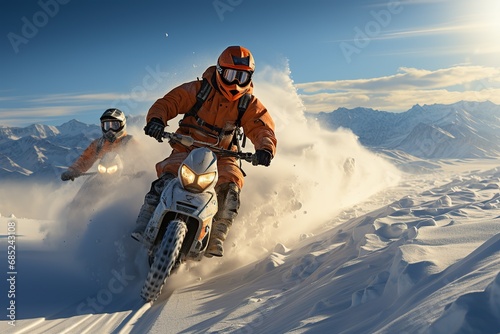 Two motorbikes are racing in a snowy mountain landscape at sunset