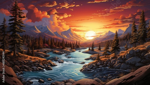 a drawing of an evening scenery