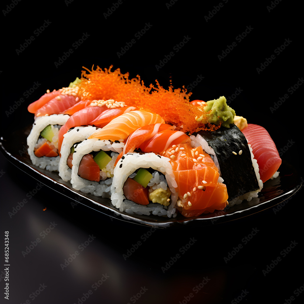 Sushi set on plate with black background, generative AI. Sushi set on plate with black background, generative AI.