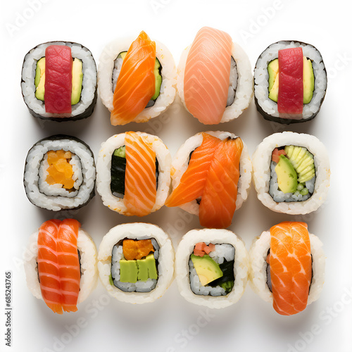 Sushi set on white background, generative AI.